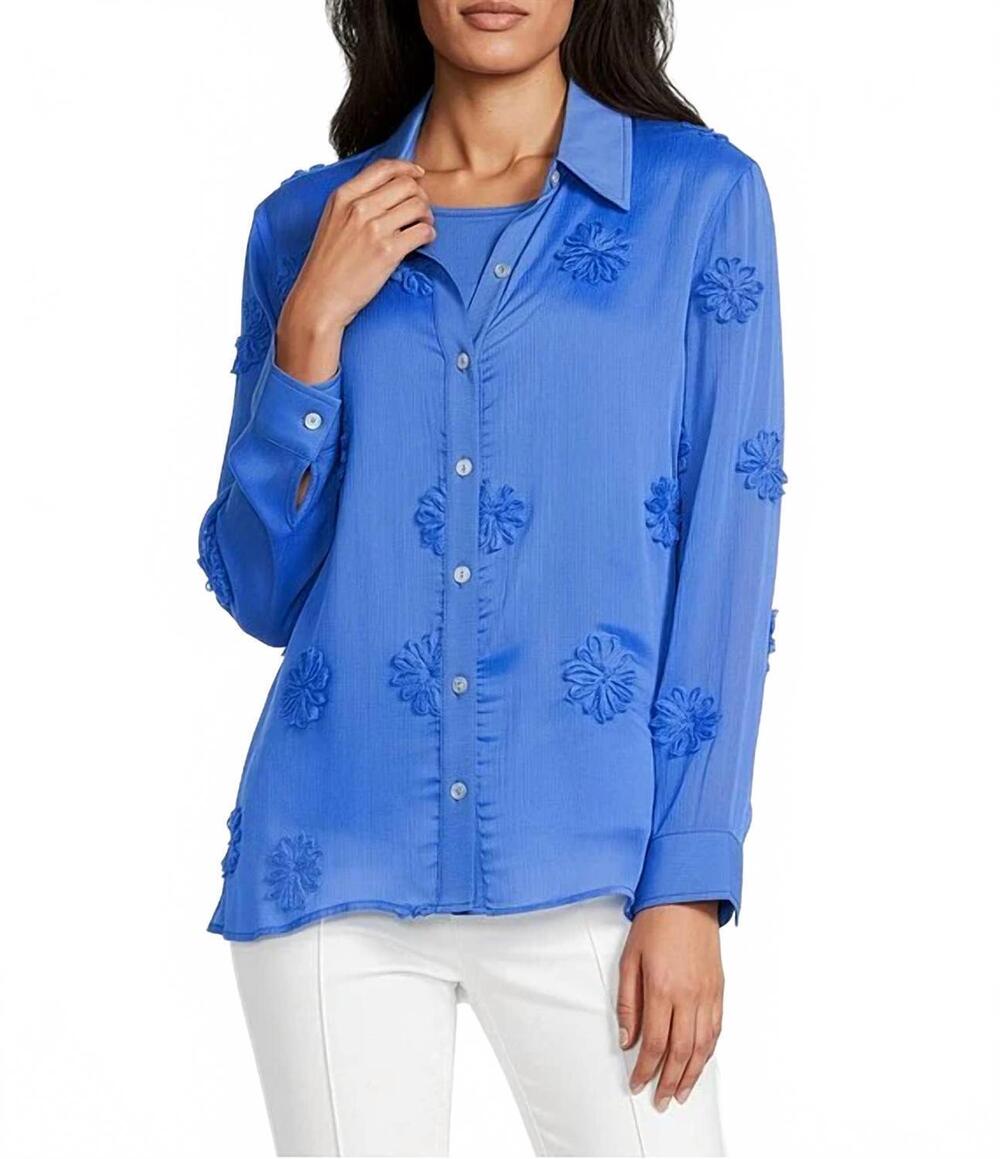 NEW MULTIPLES button front top with floral trim and knit tank in french blue